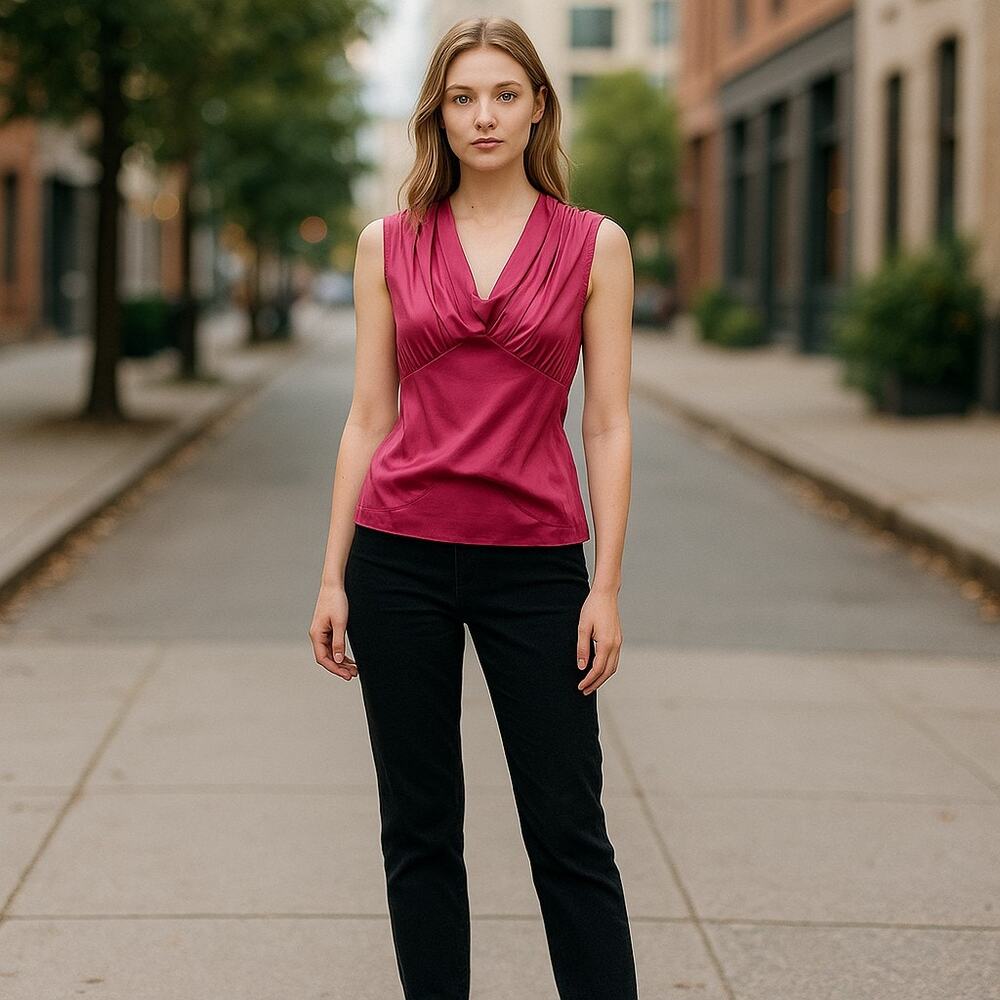 NWT Willi Smith Pink Satin V-Neck Seamed Bodice Tank Top Large